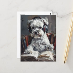 Schnauzer Listening To Music and Reading Postcard