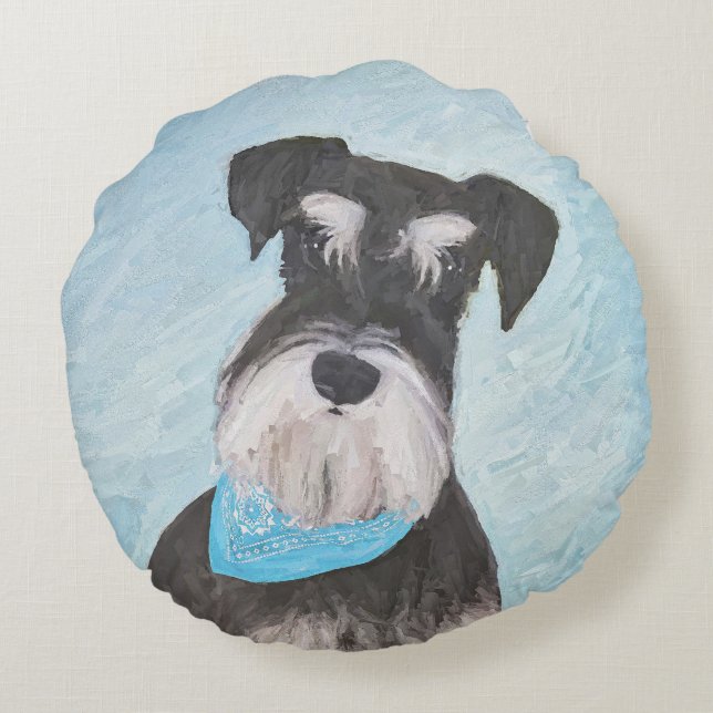 Schnauzer (Miniature) Painting - Cute Original Dog Round Cushion (Back)
