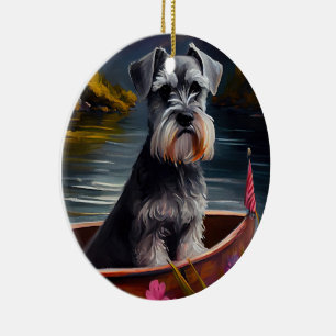 Schnauzer on a Paddle: A Scenic Adventure Ceramic Tree Decoration