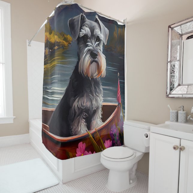 Schnauzer on a Paddle: A Scenic Adventure Shower Curtain (In Situ)