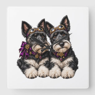Schnauzer Pair Cute Dog Stainless Steel Watch Square Wall Clock