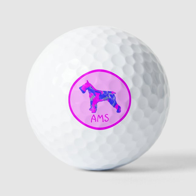 Schnauzer Pink Dog Silhouette Monogram Golf Balls (Front)