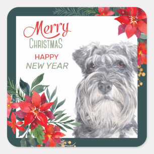 Schnauzer Poinsettia Border Christmas Sticker