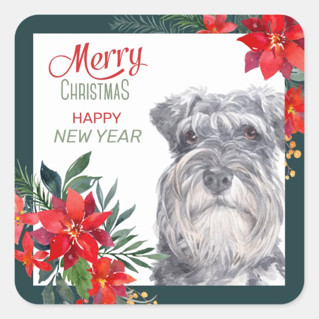 Schnauzer Poinsettia Border Christmas Sticker (Front)
