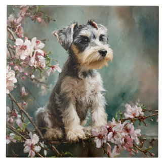 Schnauzer Puppy Among Spring Cherry Blossoms Tile