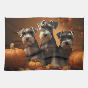Schnauzer Puppy Autumn Delight Pumpkin  Tea Towel