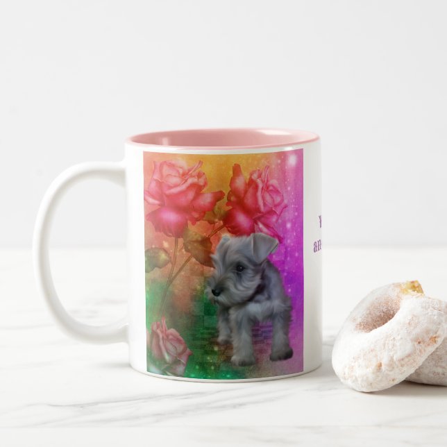 Schnauzer Puppy Fantasy Roses Dog Personalised Two-Tone Coffee Mug (With Donut)