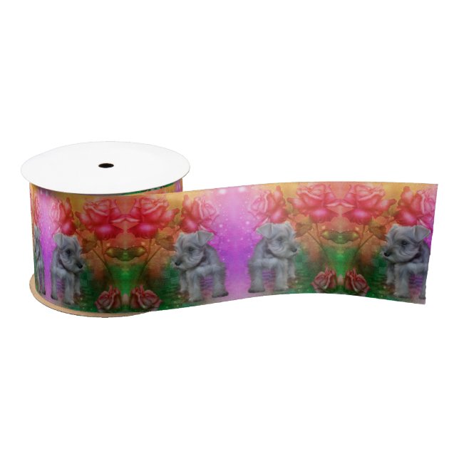 Schnauzer Puppy Fantasy Roses Dog Satin Ribbon (Spool)