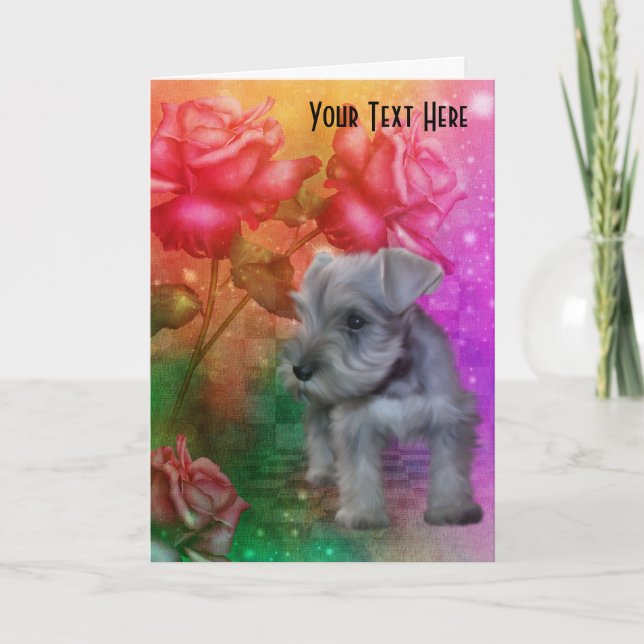 Schnauzer Puppy Roses Dog Art Photo Card (Front)
