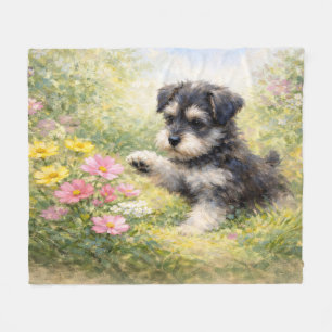 Schnauzer Puppy Springtime Flowers Fleece Blanket