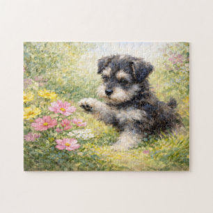 Schnauzer Puppy Springtime Flowers Jigsaw Puzzle