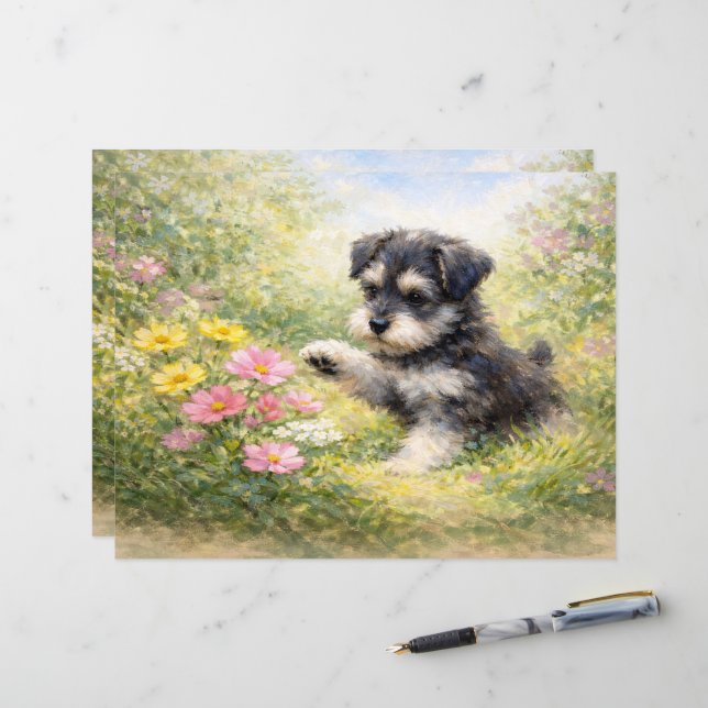 Schnauzer Puppy Springtime Flowers Scrapbook Paper (Front/Back In Situ)