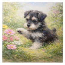Schnauzer Puppy Springtime Flowers
