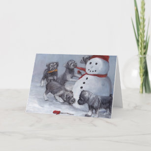 Schnauzer Pups and Snowman Dog Art Christmas Card