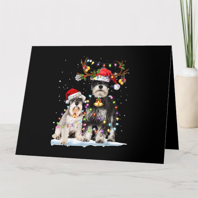 Schnauzer Reindeer Santa Hat Xmas Lights Christmas Card (Front)