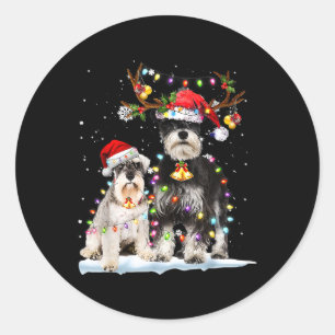 Schnauzer Reindeer Santa Hat Xmas Lights Christmas Classic Round Sticker