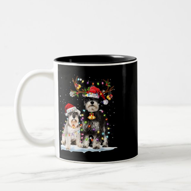 Schnauzer Reindeer Santa Hat Xmas Lights Christmas Two-Tone Coffee Mug (Left)