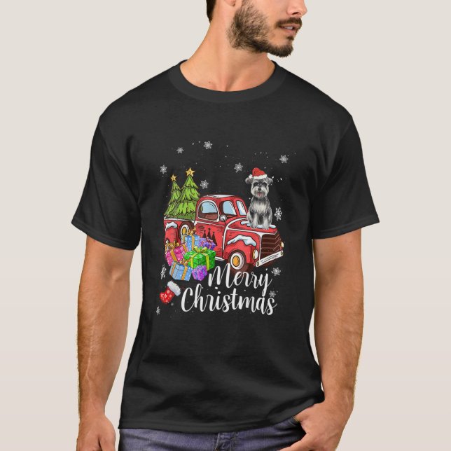 Schnauzer Riding Red Truck Xmas Merry Christmas T-Shirt (Front)