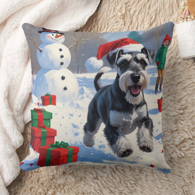 Schnauzer Running in Snow with Christmas Hat Cushion (Blanket)