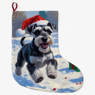 Schnauzer Running in Snow with Christmas Hat Large Christmas Stocking