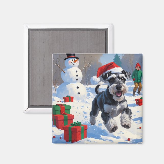 Schnauzer Running in Snow with Christmas Hat Magnet (Front/Back)