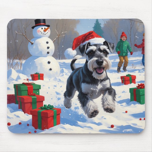 Schnauzer Running in Snow with Christmas Hat Mouse Mat (Front)