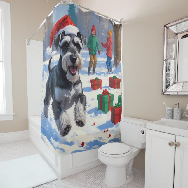 Schnauzer Running in Snow with Christmas Hat Shower Curtain (In Situ)