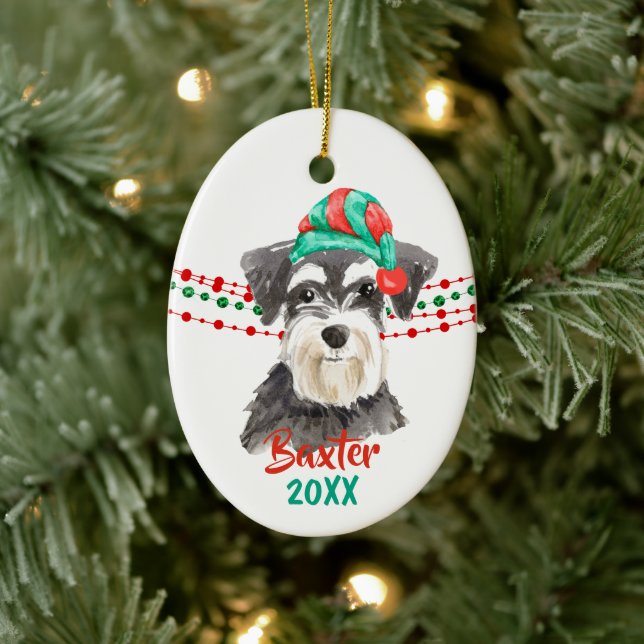 Schnauzer Santa Hat Holiday String Beads Ceramic Tree Decoration (Tree)