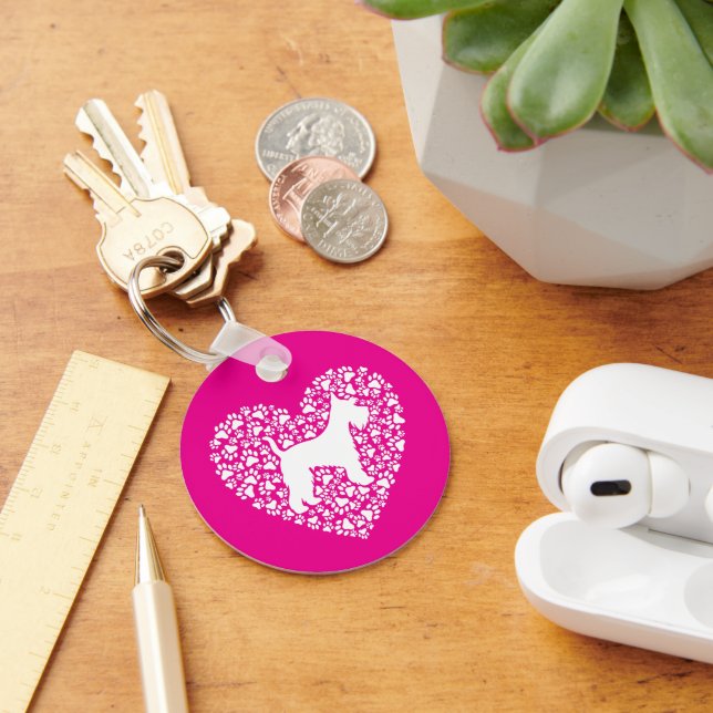 Schnauzer Silhouette Heart Paws Print - Dog Lover Key Ring (Desk)