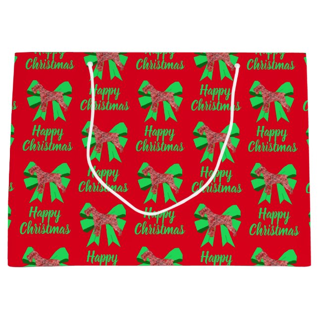 Schnauzer Silhouette Red Christmas Dog & Green Bow Large Gift Bag (Front)