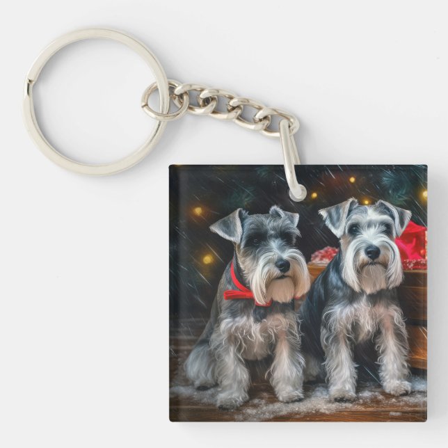 Schnauzer Snowy Sleigh Christmas Decor  Key Ring (Front)