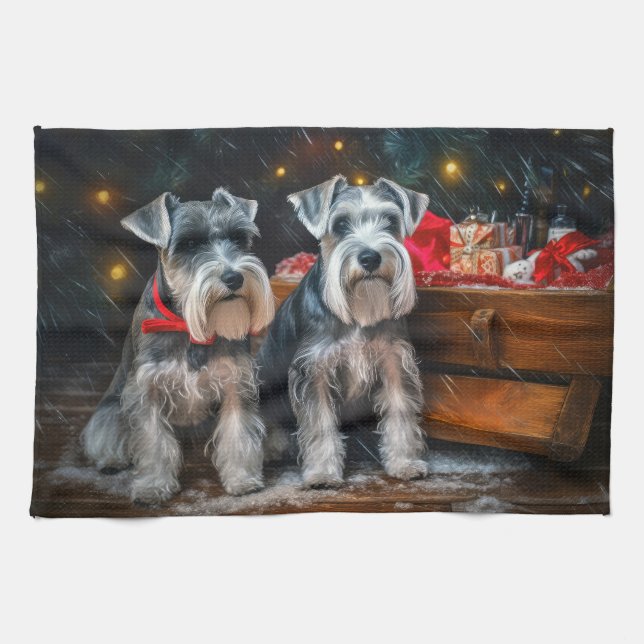 Schnauzer Snowy Sleigh Christmas Decor  Tea Towel (Horizontal)