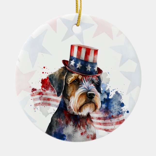 Schnauzer terrier Dog, 4th of july Personalised Ceramic Tree Decoration (Front)