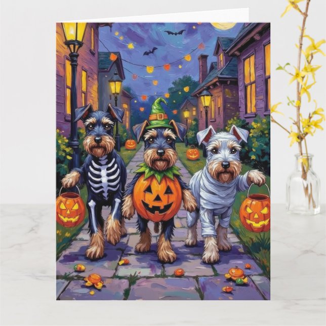 Schnauzer Trick-or-Treating in Halloween Costumes Card (Yellow Flower)