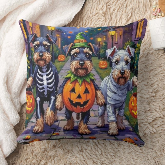 Schnauzer Trick-or-Treating in Halloween Costumes Cushion (Blanket)