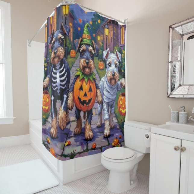 Schnauzer Trick-or-Treating in Halloween Costumes Shower Curtain (In Situ)
