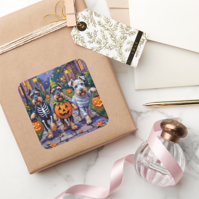 Schnauzer Trick-or-Treating in Halloween Costumes Square Sticker (Gifting)