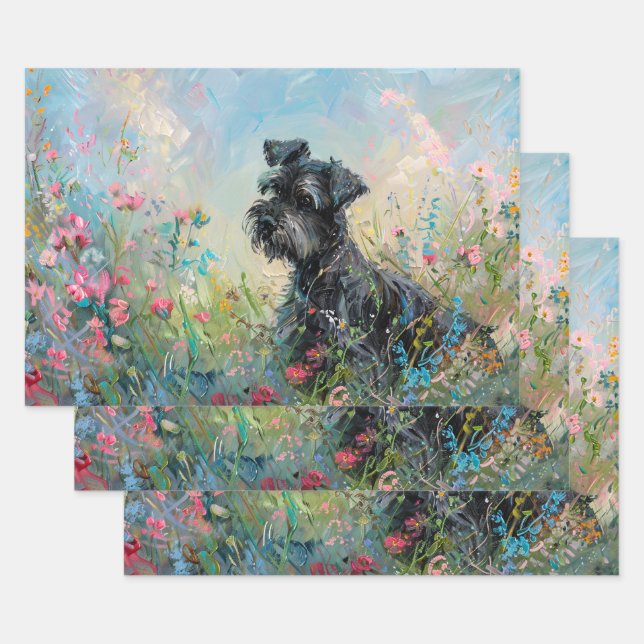 Schnauzer Wildflowers Decoupage Wrapping Paper Sheet (Set)