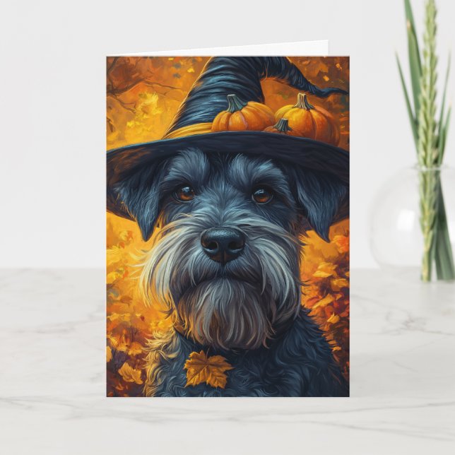 Schnauzer Witch Halloween Holiday Card (Front)