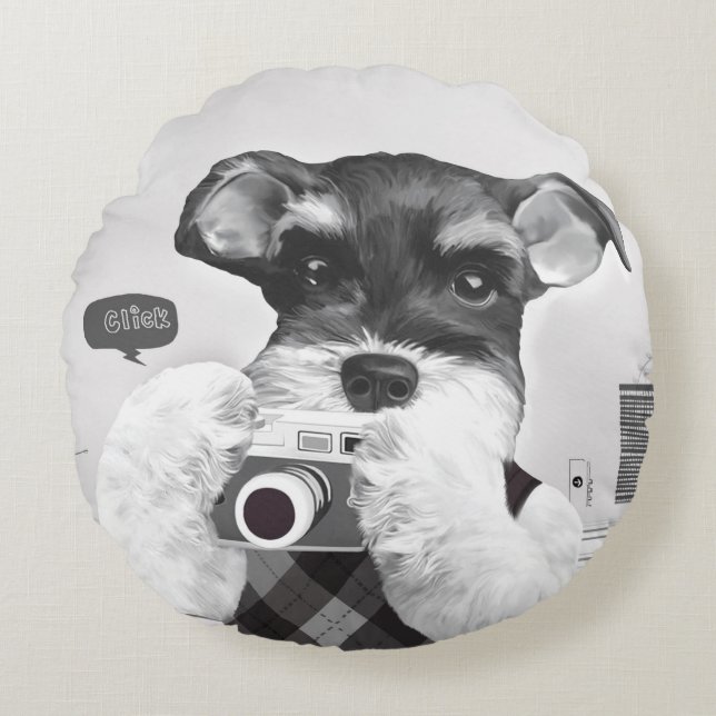 Schnauzer with Camera Round Cushion (Front)