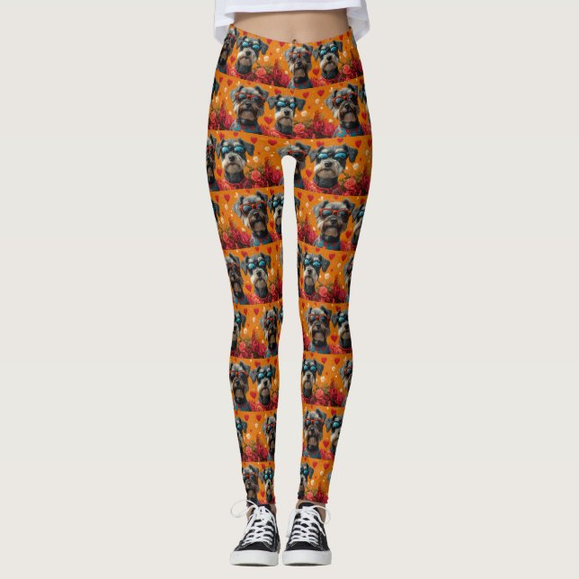 Schnauzer with Heart Roses Valentine's Day Leggings (Front)