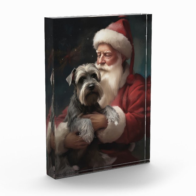 Schnauzer With Santa Claus Festive Christmas Photo Block (Left)