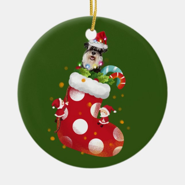 Schnauzer With Socking Ceramic Tree Decoration (Front)
