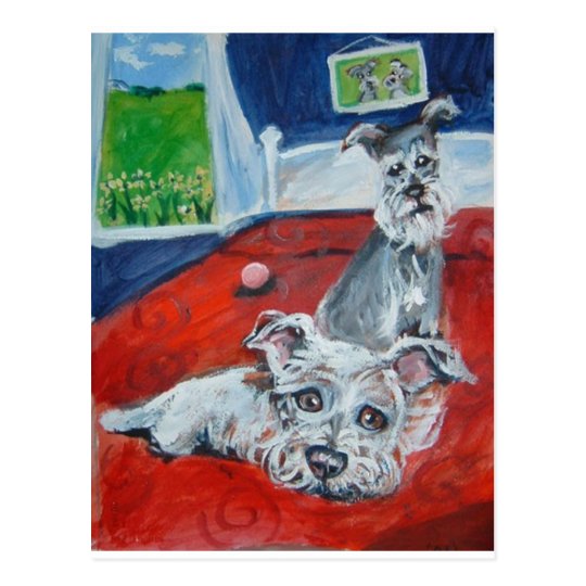 schnauzers on bed postcard