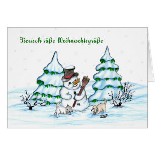 Schneemann mit Katze und Hundewelpe auf Deutsch