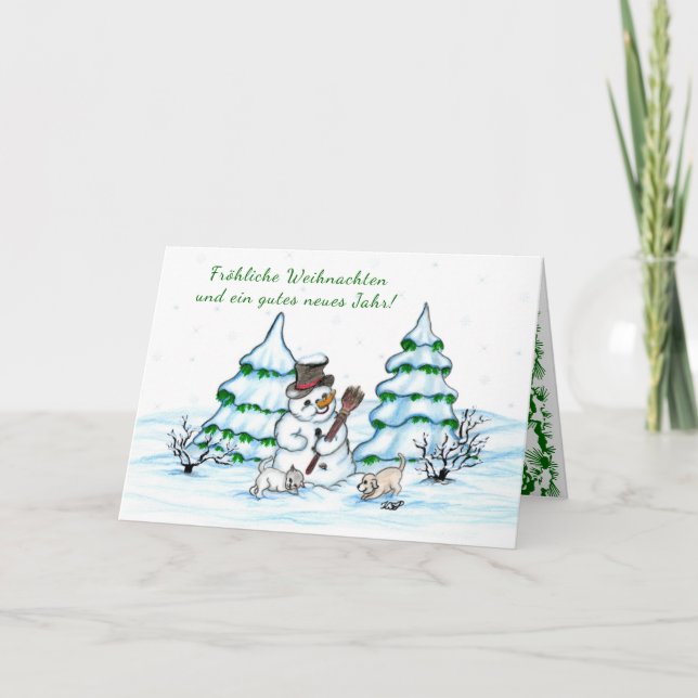Schneemann mit Katze und Hundewelpe auf Deutsch Holiday Card (Front)