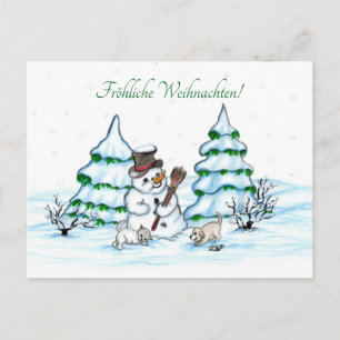 Schneemann mit Katze und Hundewelpe auf Deutsch Holiday Postcard
