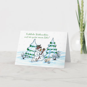 Schneemann with cat and dog - puppy in German Holiday Card