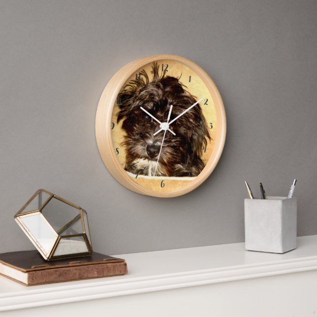 Schnoodle Dog Round Wall Clock With Wood Frame (Office)