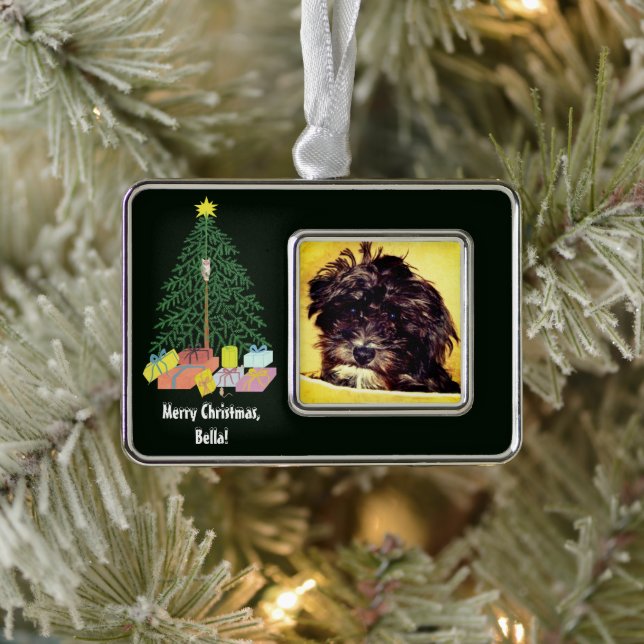Schnoodle Dog With Christmas Tree Framed Ornament (Tree)